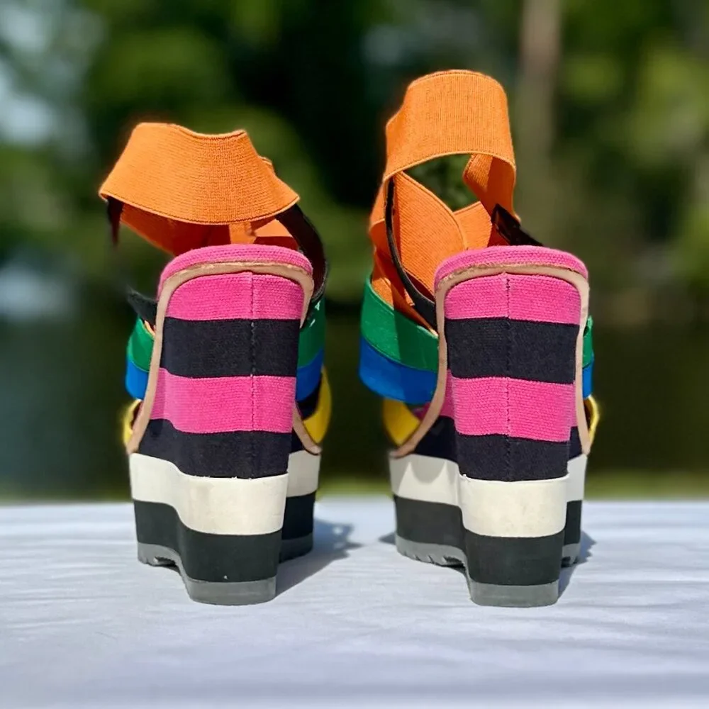 PRADA Peep Toe Platform Multi Strap Multi Color Bandage Slingback Wedge NEW 36